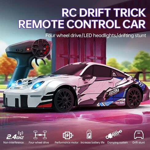 1:64 Scale Cartoon RC Drift Car مع مصابيح LED ذات 6 ألوان و Boost الفوري-Type-C Charge ، 2.4 جيجا هرتز التحكم عن بُعد ، أوضاع الانجراف القابلة للتعديل-Racer Mini Racer Interactive Mini Light in Kuwait
