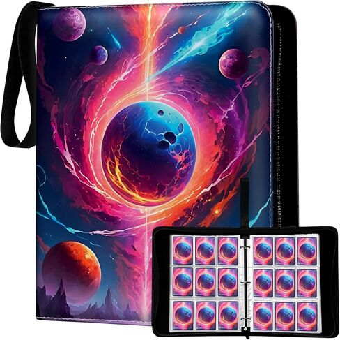 Premium Sports Card Trading Binder, Galaxy Design with Planets, Mountains & Fire, PU Leather, 900 Card Capacity, 50 Double Sided 9 Pocket Sleeves, 3 Ring Metal Binder, Zipper & Handle in Saudi Arabia