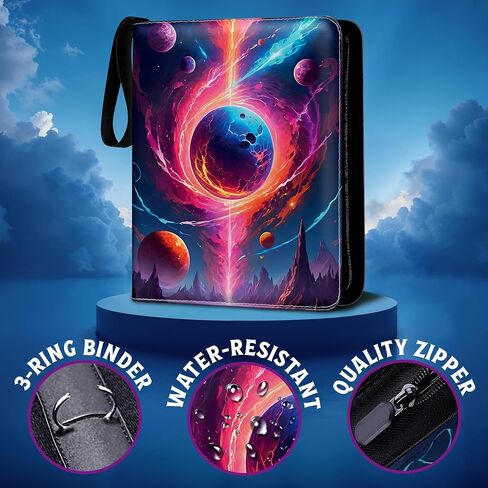 Premium Sports Card Trading Binder, Galaxy Design with Planets, Mountains & Fire, PU Leather, 900 Card Capacity, 50 Double Sided 9 Pocket Sleeves, 3 Ring Metal Binder, Zipper & Handle in Saudi Arabia