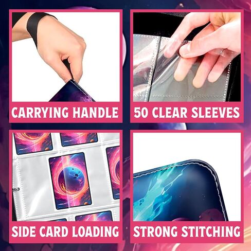 Premium Sports Card Trading Binder, Galaxy Design with Planets, Mountains & Fire, PU Leather, 900 Card Capacity, 50 Double Sided 9 Pocket Sleeves, 3 Ring Metal Binder, Zipper & Handle in Saudi Arabia