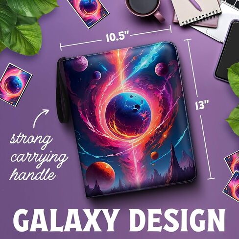 Premium Sports Card Trading Binder, Galaxy Design with Planets, Mountains & Fire, PU Leather, 900 Card Capacity, 50 Double Sided 9 Pocket Sleeves, 3 Ring Metal Binder, Zipper & Handle in Saudi Arabia