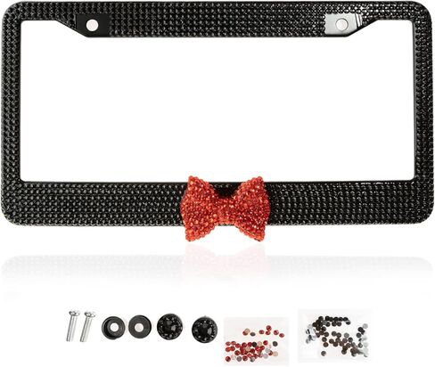 Fashion Premium Handmade Crystal License Plate Frames,Waterproof Bling License Plate Covers,US Universal Rhinestone License Plate Holder for Women(1 Frame,Black Frame Black Bowknot) in Kuwait