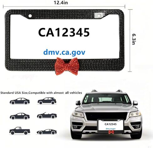 Fashion Premium Handmade Crystal License Plate Frames,Waterproof Bling License Plate Covers,US Universal Rhinestone License Plate Holder for Women(1 Frame,Black Frame Black Bowknot) in Kuwait