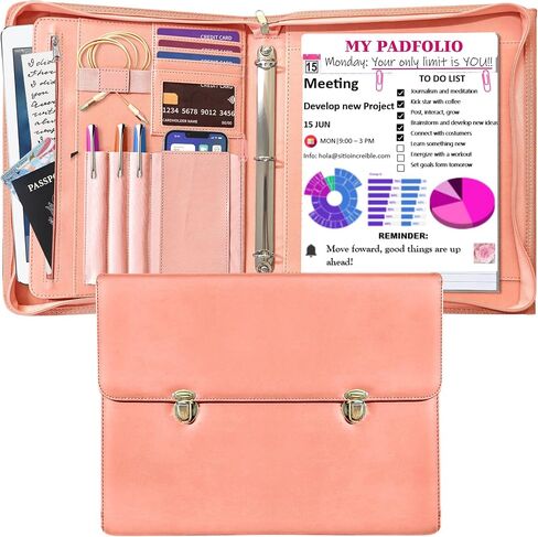 padfolio للنساء مع الابازيم الخارجية ، منظم محفظة ، محفظة جلدية للنساء ، محفظة الأعمال للنساء ، موثق padfolio مع الجيب اللوحي وحامل وسادة قانوني in Saudi Arabia