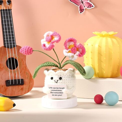 Positive Orchid, Crochet Orchid Flower Emotional Doll Support Crochet Plant with Positive Message Card for Motivational Gift Home Office Decor Back to School Gift(White & Pink) in Saudi Arabia