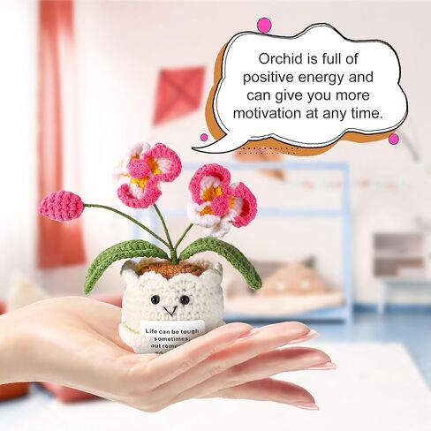 Positive Orchid, Crochet Orchid Flower Emotional Doll Support Crochet Plant with Positive Message Card for Motivational Gift Home Office Decor Back to School Gift(White & Pink) in Saudi Arabia