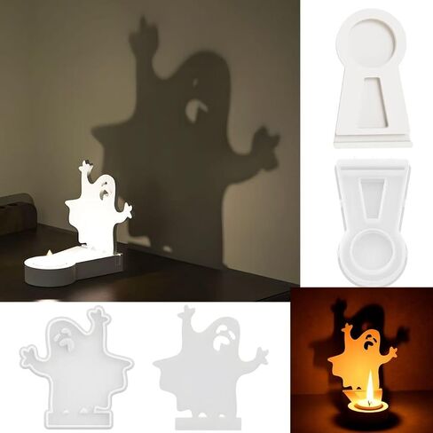 5Pcs Casting Shadow Candle Holder Resin Molds Silicone, Halloween Pumpkin Scarecrow Ghost Bat Shadow Resin Tealight Candle Holder Mold, Epoxy Molds for DIY Silicone Casting Mould Home Décor in Kuwait