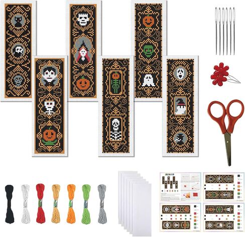 FreeBloss 6 Set Halloween Cross Stitch Stitch Kit Gothic Cross Cross Stitch Kit مجموعة كاملة من التطريز مع تعليمات للبالغين ، موضوع هالوين 11CT 8 "x 2.4" in Saudi Arabia