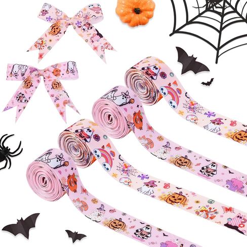 Joymemo 4 Rolls 20 ياردة وردية اللون الأسود Halloween Grosgrain Ribbon للفتيات ، مطبوعة مع Whost Bat Spider Web ، غلاف الهدايا ديكور كعكة الديكور الهالوين تحت عنوان الحفلات لوازم الحفلات in Saudi Arabia