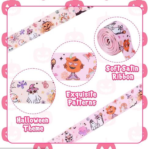 Joymemo 4 Rolls 20 ياردة وردية اللون الأسود Halloween Grosgrain Ribbon للفتيات ، مطبوعة مع Whost Bat Spider Web ، غلاف الهدايا ديكور كعكة الديكور الهالوين تحت عنوان الحفلات لوازم الحفلات in Saudi Arabia