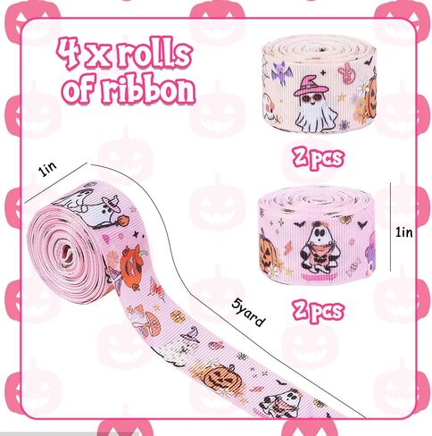 Joymemo 4 Rolls 20 ياردة وردية اللون الأسود Halloween Grosgrain Ribbon للفتيات ، مطبوعة مع Whost Bat Spider Web ، غلاف الهدايا ديكور كعكة الديكور الهالوين تحت عنوان الحفلات لوازم الحفلات in Saudi Arabia