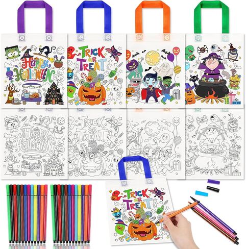 HOWAF 12pcs Summerween Coloring Goodie Bags with Paint Pens for Kids, Halloween Boo Coloring Candy Bags Trick or Treat Coloring Gift Bags, Happy Halloween Reusable Canvas Bag Party Favors Coloring in Saudi Arabia