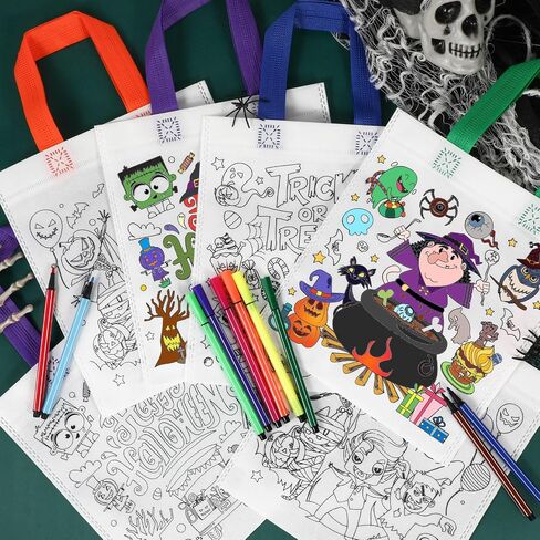 HOWAF 12pcs Summerween Coloring Goodie Bags with Paint Pens for Kids, Halloween Boo Coloring Candy Bags Trick or Treat Coloring Gift Bags, Happy Halloween Reusable Canvas Bag Party Favors Coloring in Saudi Arabia