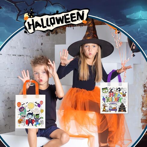 HOWAF 12pcs Summerween Coloring Goodie Bags with Paint Pens for Kids, Halloween Boo Coloring Candy Bags Trick or Treat Coloring Gift Bags, Happy Halloween Reusable Canvas Bag Party Favors Coloring in Saudi Arabia