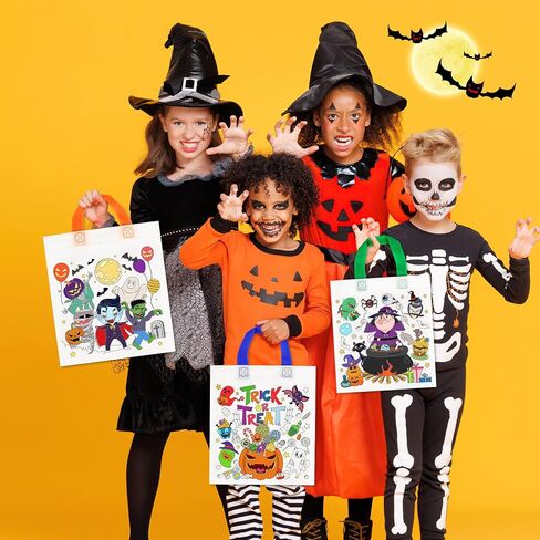HOWAF 12pcs Summerween Coloring Goodie Bags with Paint Pens for Kids, Halloween Boo Coloring Candy Bags Trick or Treat Coloring Gift Bags, Happy Halloween Reusable Canvas Bag Party Favors Coloring in Saudi Arabia