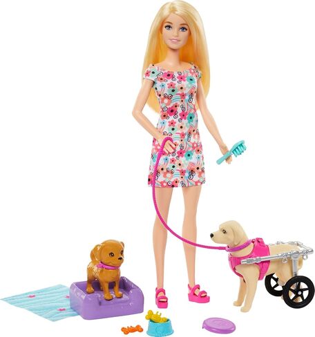 Barbie Doll with 2 Toy Dogs & Pet Accessories, 1 Pup in a Removable Wheelchair with Rolling Wheels, 10+ Piece Set in Saudi Arabia