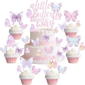 87 PCS Butterfly Baby Shower Birthday Cupcake Topper Pink A Little Butterfly على الطريق ، كما أن زخارف الكعكة Topper For Girls تكشف in Saudi Arabia