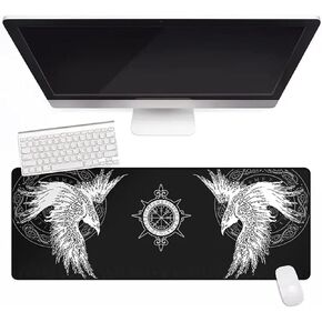 Viking Raven Rune Vegvisir Mouse Mat, 3D Print Tattoo Big Extended Desk Game Keyboard Pad with Non-Slip Base and Stitched Edge for Office & Home,Black,35.4" x 15.7" in Saudi Arabia