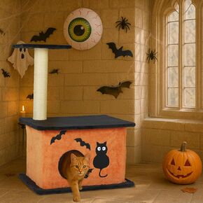 61" Halloween Cat Tree for Large Cats, Spooky Themed Cat Tower with 2 Condos, 2 Padded Perches, 2 Cozy Hammocks & Scratching Posts, Multi-Level Playhouse with Hanging Toy, Black & Orange in Saudi Arabia