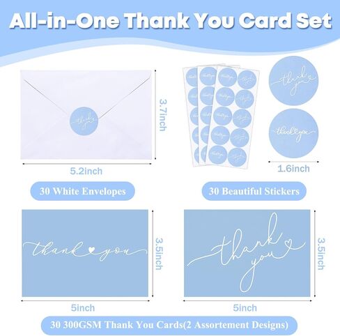 Supervitae 30 Pack Thank You Cards مع الأظرف والملصقات 3.5 × 5 بوصات فارغة شكرًا لك على بطاقة Kraft Onvesults لحفلات الزفاف التجارية هدية Bridal Gift Baby (Blue Blue) in Kuwait