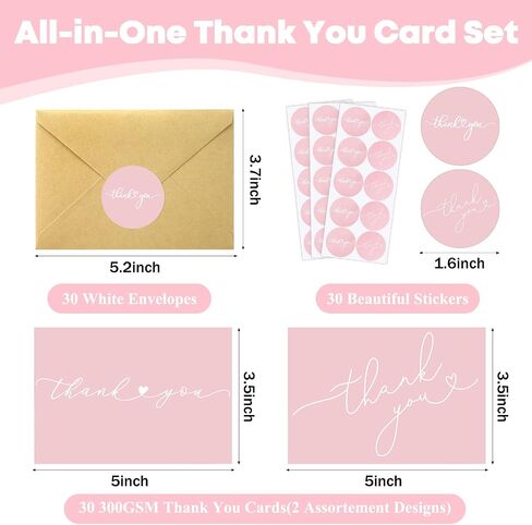 Supervitae 30 Pack Thank You Cards مع الأظرف والملصقات 3.5 × 5 بوصات فارغة شكرًا لك على بطاقة Kraft Onvesults لحفلات الزفاف التجارية هدية Bridal Gift Baby (Blue Blue) in Kuwait