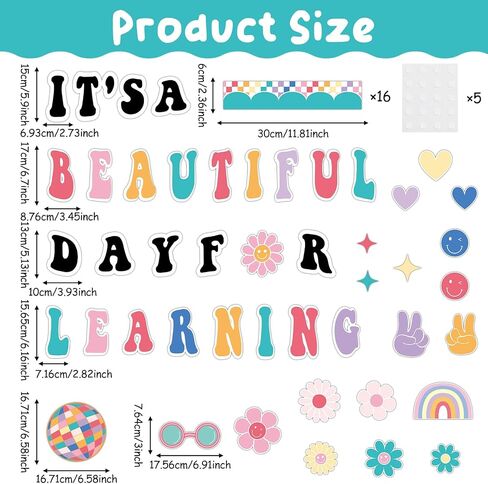 Hippie Boho Classroom Bulletin Board Decorations Groovy Retro Back to School Bulletin Set It's a Beautiful Day for Learning Classroom Decoration Colorful Cutout for Teacher Kindergarten Preschool Wall in Saudi Arabia