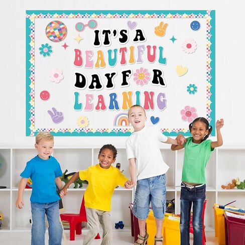 Hippie Boho Classroom Bulletin Board Decorations Groovy Retro Back to School Bulletin Set It's a Beautiful Day for Learning Classroom Decoration Colorful Cutout for Teacher Kindergarten Preschool Wall in Saudi Arabia