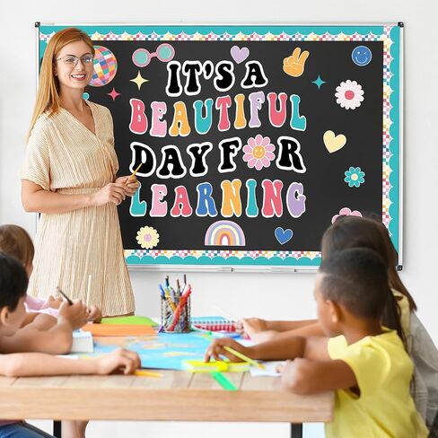 Hippie Boho Classroom Bulletin Board Decorations Groovy Retro Back to School Bulletin Set It's a Beautiful Day for Learning Classroom Decoration Colorful Cutout for Teacher Kindergarten Preschool Wall in Saudi Arabia