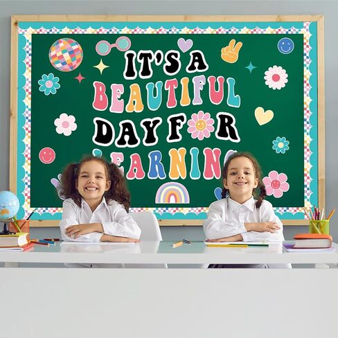 Hippie Boho Classroom Bulletin Board Decorations Groovy Retro Back to School Bulletin Set It's a Beautiful Day for Learning Classroom Decoration Colorful Cutout for Teacher Kindergarten Preschool Wall in Saudi Arabia