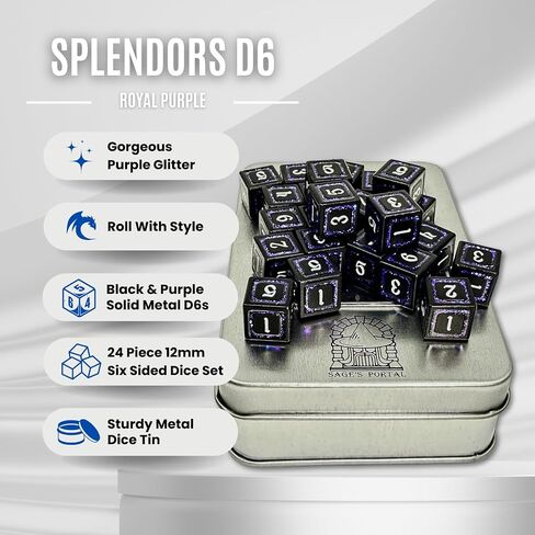 Sage's Portal Unique Metal D6 Dice Set 24 Piece Six Sided Dice for Dungeons and Dragons DND TTRPG Rolepaying Games D6 System Games and TCG Magic The Gathering (Splendor Royal Purple) in Kuwait