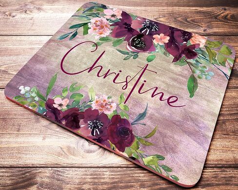 Custom Name Burgundy Floral Mouse Pad Personalized Desk Accessories for Women Watercolor Flowers Rectangle Mousepad in Saudi Arabia