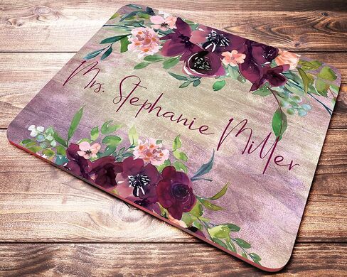 Custom Name Burgundy Floral Mouse Pad Personalized Desk Accessories for Women Watercolor Flowers Rectangle Mousepad in Saudi Arabia