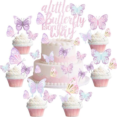 87 PCS Butterfly Baby Shower Birthday Cupcake Topper Pink A Little Butterfly على الطريق ، كما أن زخارف الكعكة Topper For Girls تكشف in Saudi Arabia