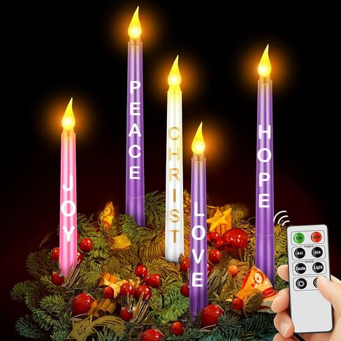 5 Pcs LED Flameless Advent Candle Set Christmas Advent Candles with Words Hope Peace Love Joy Christ Purple Pink White Taper Candles for Church Advent Wreath Rituals, 10 Inch (Melted with Words) in Saudi Arabia
