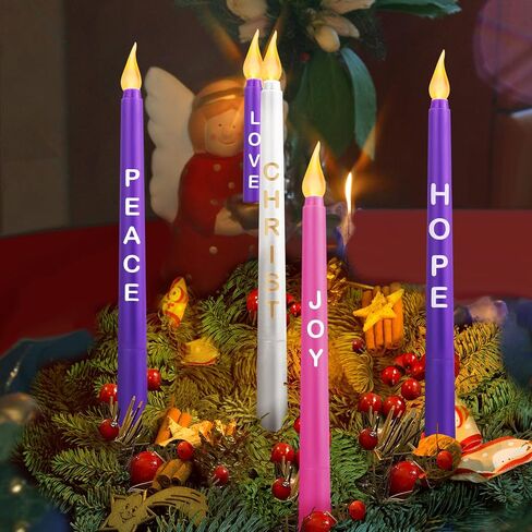 5 Pcs LED Flameless Advent Candle Set Christmas Advent Candles with Words Hope Peace Love Joy Christ Purple Pink White Taper Candles for Church Advent Wreath Rituals, 10 Inch (Melted with Words) in Saudi Arabia