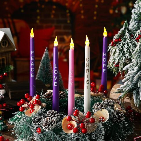5 Pcs LED Flameless Advent Candle Set Christmas Advent Candles with Words Hope Peace Love Joy Christ Purple Pink White Taper Candles for Church Advent Wreath Rituals, 10 Inch (Melted with Words) in Saudi Arabia