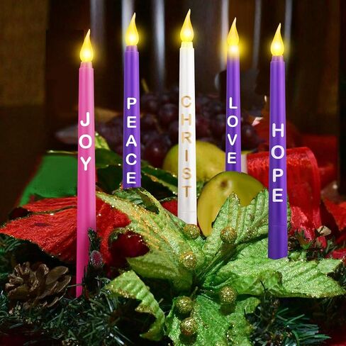 5 Pcs LED Flameless Advent Candle Set Christmas Advent Candles with Words Hope Peace Love Joy Christ Purple Pink White Taper Candles for Church Advent Wreath Rituals, 10 Inch (Melted with Words) in Saudi Arabia