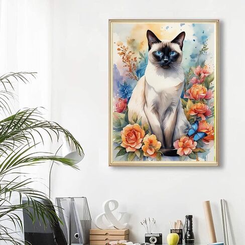 DIY 5D Diamond Art Painting Siamese Cat Flowers 14x20 Inch. Round Full Drill Rhinestone Embroidery for Home Wall Decoration in Saudi Arabia