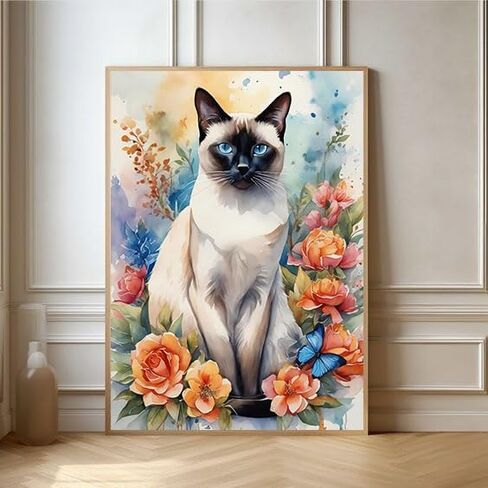 DIY 5D Diamond Art Painting Siamese Cat Flowers 14x20 Inch. Round Full Drill Rhinestone Embroidery for Home Wall Decoration in Saudi Arabia