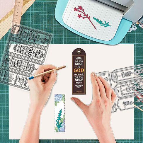 GLOBLELAND Vintage Bible Bookmarks Clear Stamp and Cutting Dies Set for Card Making Text Bookmark Silicone Transparent Stamps Label Frames Metal Die Cuts for Christmas DIY Scrapbooking Photo Album in Saudi Arabia