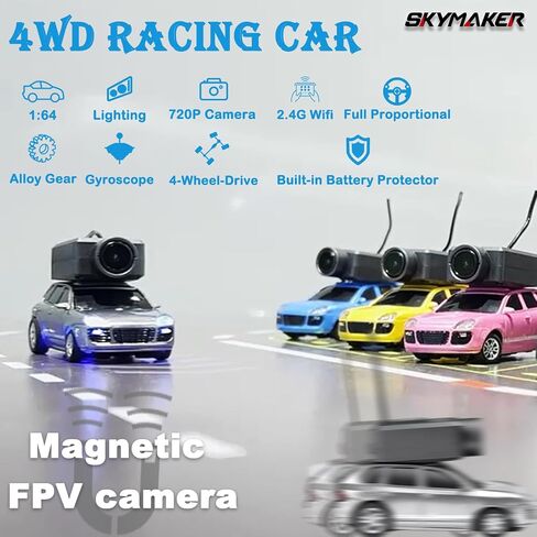 Skymaker FPV RC CAR ، 1/64 MINI RC DRIFT CAR مع كاميرا 2.4 جيجا هرتز HD 720p للبالغين المدمجة في كل من التحكم عن بُعد والتحكم في تطبيق WiFi (Silver) in Kuwait