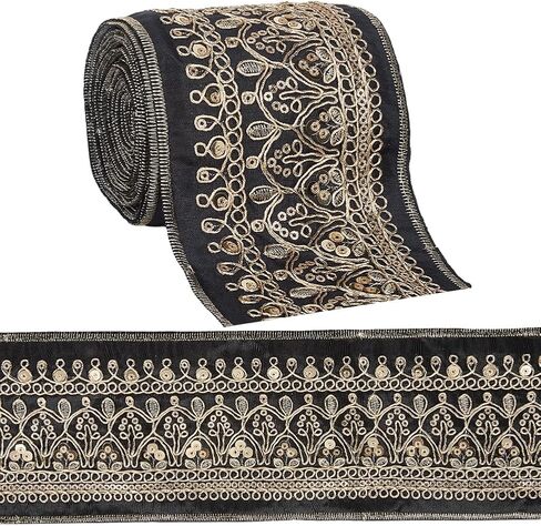 3.46 Inch Gold Jacquard Embroidered Ribbon Polyester Sequin Bead Woven Trim Tape Wide Boho Floral Embroidery Fabric Applique Ribbons Bulk for Sewing Making Crafts Clothes Dresses Home Decor in Saudi Arabia