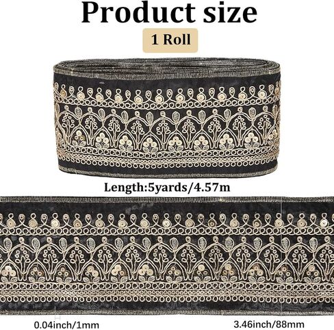 3.46 Inch Gold Jacquard Embroidered Ribbon Polyester Sequin Bead Woven Trim Tape Wide Boho Floral Embroidery Fabric Applique Ribbons Bulk for Sewing Making Crafts Clothes Dresses Home Decor in Saudi Arabia