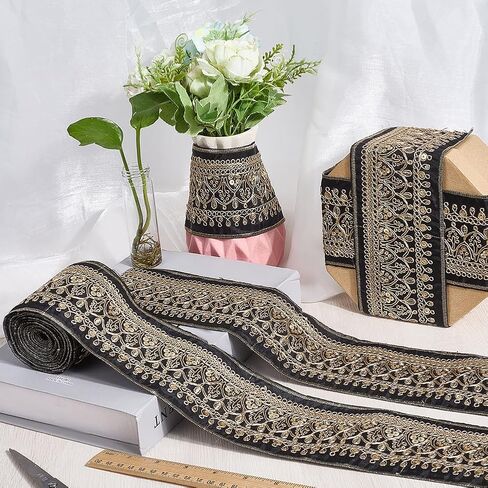 3.46 Inch Gold Jacquard Embroidered Ribbon Polyester Sequin Bead Woven Trim Tape Wide Boho Floral Embroidery Fabric Applique Ribbons Bulk for Sewing Making Crafts Clothes Dresses Home Decor in Saudi Arabia