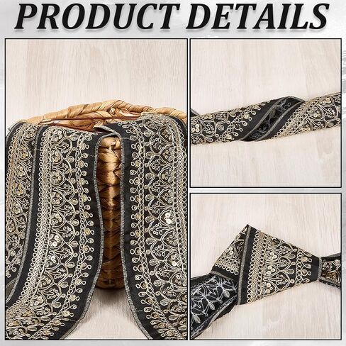 3.46 Inch Gold Jacquard Embroidered Ribbon Polyester Sequin Bead Woven Trim Tape Wide Boho Floral Embroidery Fabric Applique Ribbons Bulk for Sewing Making Crafts Clothes Dresses Home Decor in Saudi Arabia