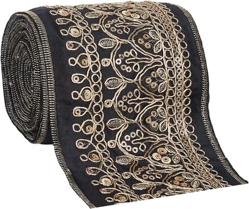 3.46 Inch Gold Jacquard Embroidered Ribbon Polyester Sequin Bead Woven Trim Tape Wide Boho Floral Embroidery Fabric Applique Ribbons Bulk for Sewing Making Crafts Clothes Dresses Home Decor in Saudi Arabia