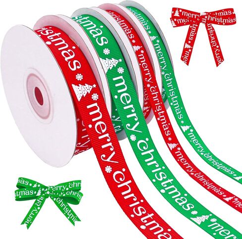 4 لفائف ميري عيد الميلاد شرائط Grosgrain 40 ياردة حمراء شجرة زحف الشجرة الخضراء من أشجار الثلج الشريط الحرف لزخارف القوس الزهور ديكور حفلة ، 3/8 "، 5/8" in Saudi Arabia