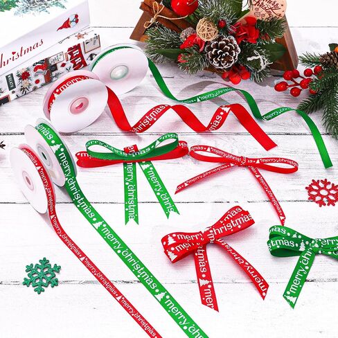 4 لفائف ميري عيد الميلاد شرائط Grosgrain 40 ياردة حمراء شجرة زحف الشجرة الخضراء من أشجار الثلج الشريط الحرف لزخارف القوس الزهور ديكور حفلة ، 3/8 "، 5/8" in Saudi Arabia