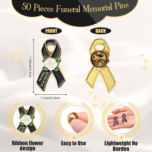 Misdary 50 Pcs Funeral Favors for Guests Metal Rose Memorial Pin Forever in Our Heart Funeral Ribbons Lapel Brooch Pin for Memorial Service Mourning Remembrance Day Celebration of Life in Saudi Arabia