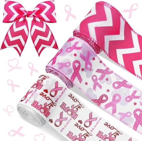 3 Rolls 18 Yards Breast Cancer Awareness Ribbon Pink Awareness Ribbon 2.5 Inch Wide Hope Love Printed Wired Bouquet Wreaths Wrap White Pink for DIY Craft Party Gift Wrapping in Saudi Arabia